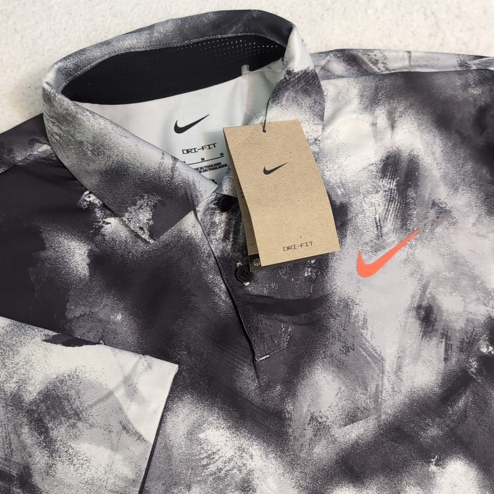 NEW Nike Dri-Fit Tour Golf Polo White Black Grey ALL OVER‎ FD5935-010 Men's MED